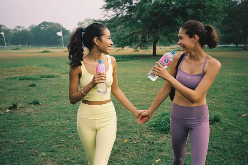 Two friends in butter-yellow and lavender activewear laugh and hold hands after a walk in the park